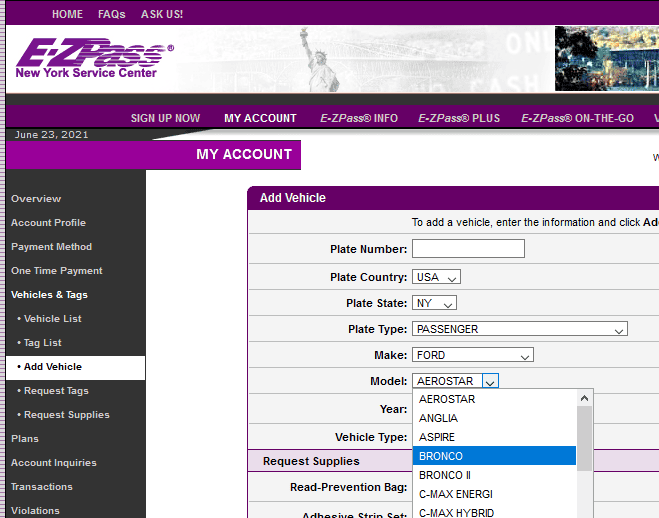 Ford Bronco Sport Bronco Sport not in E-Z Pass Vehicle List 1624491092031