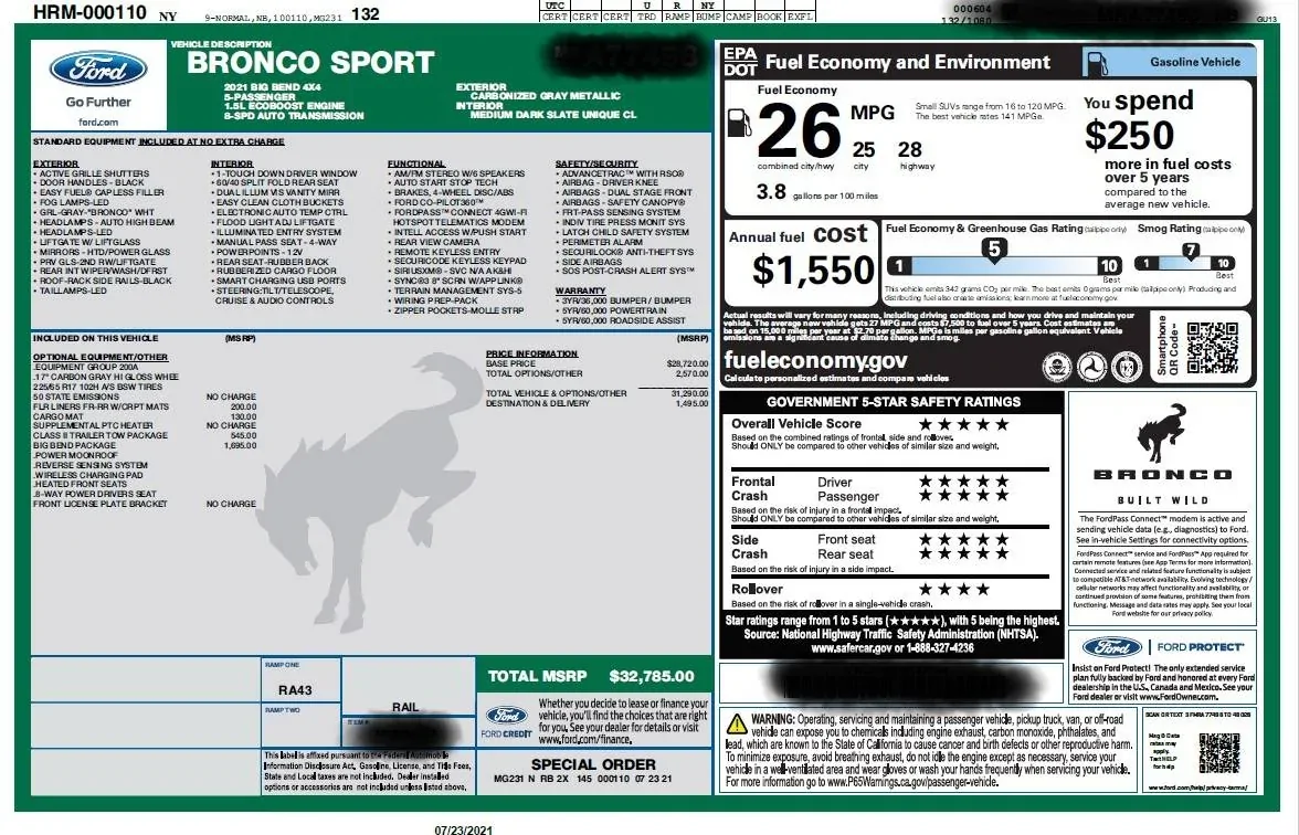 Ford Bronco Sport Waiting room BB with BB Pkg Window Sticker