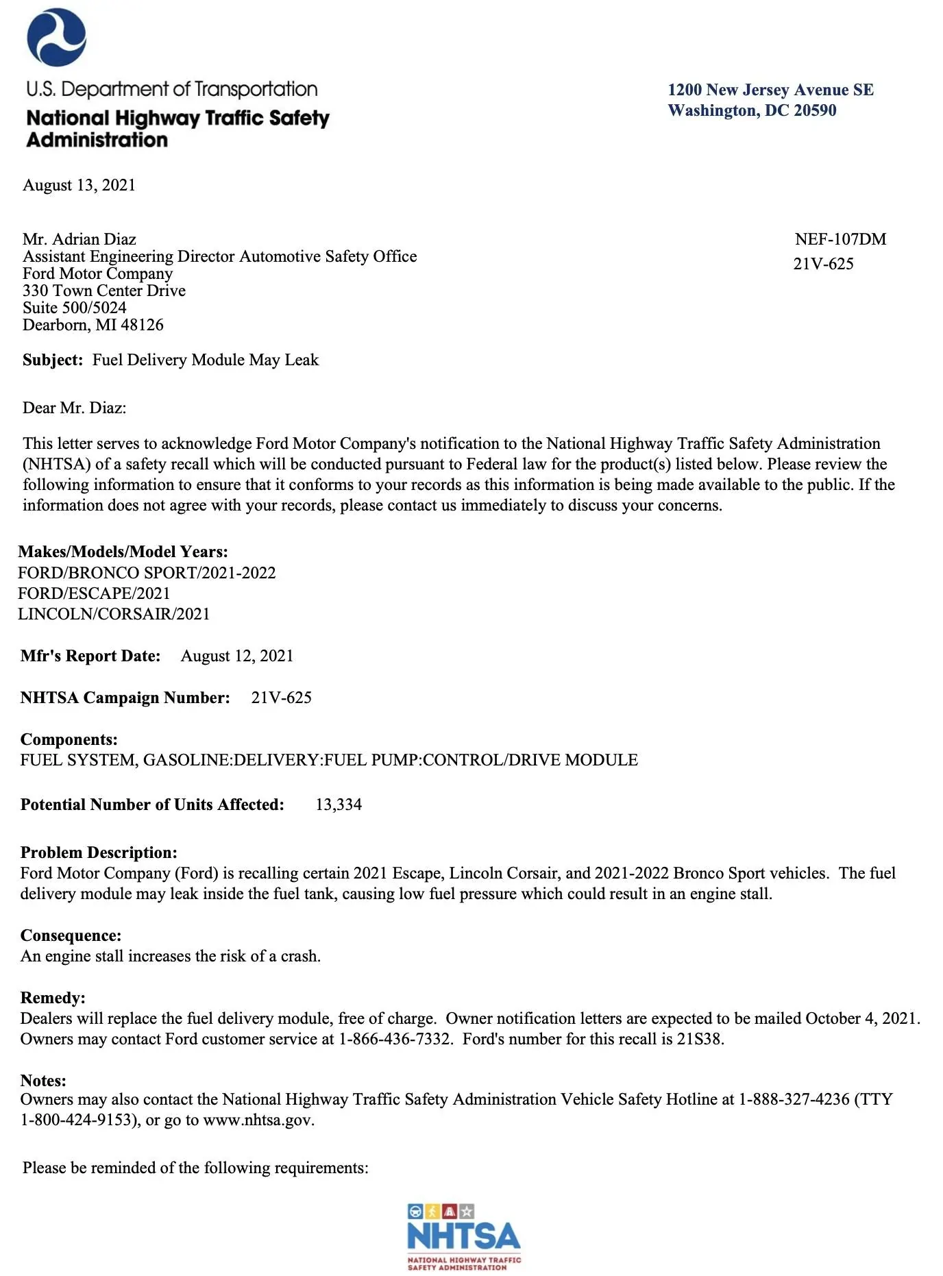 Ford Bronco Sport Recall notice: Fuel Delivery Module line may leak Screen Shot 2021-08-16 at 11.02.50 AM