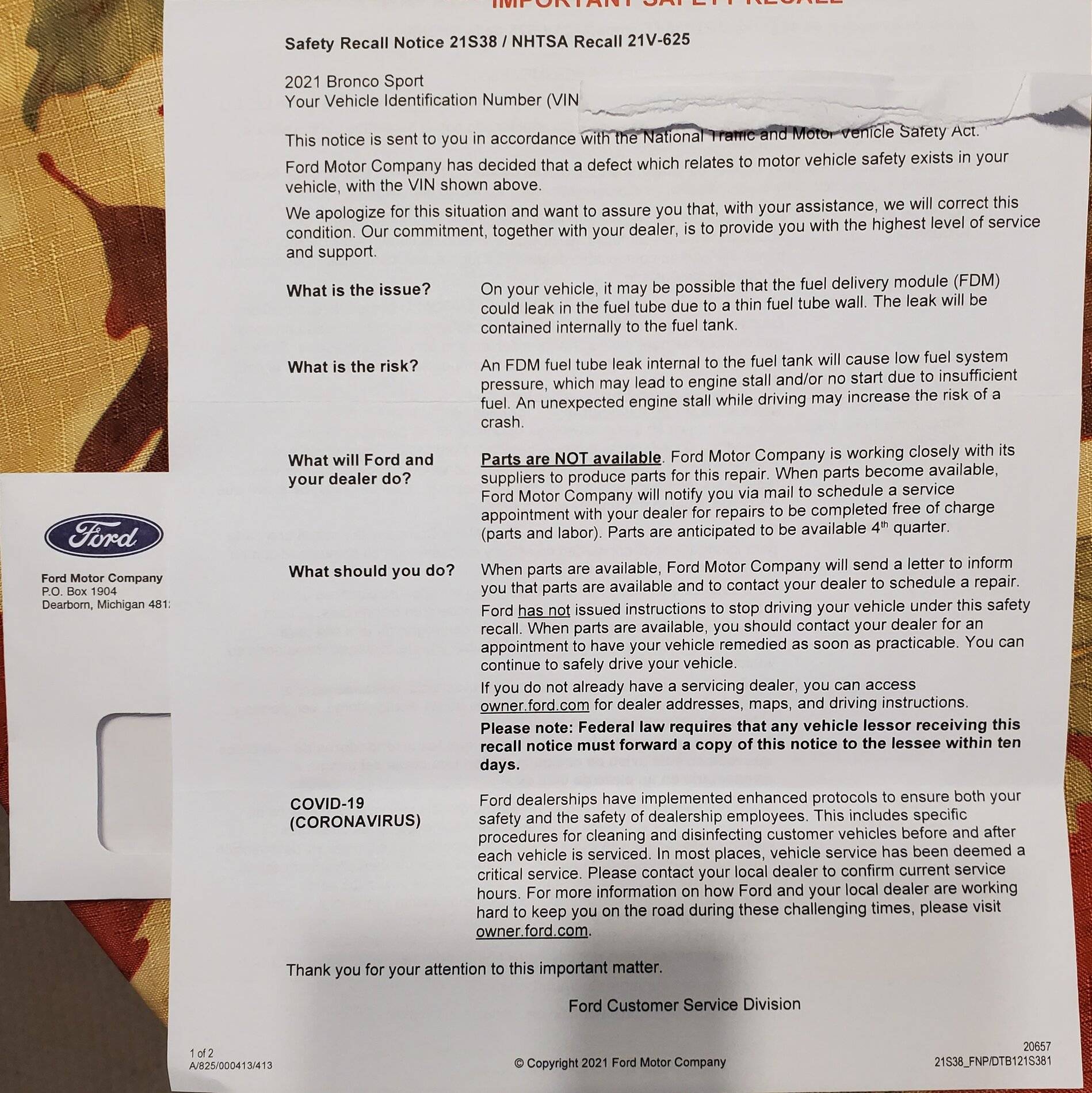 Ford Bronco Sport Recall notice: Fuel Delivery Module line may leak 20211008_130933