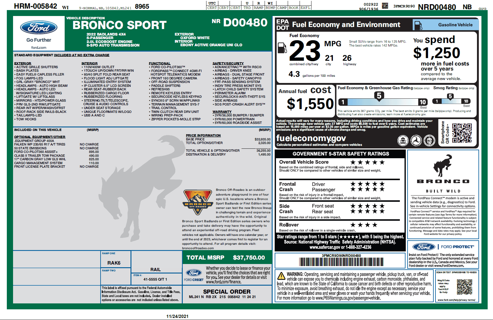 Ford Bronco Sport Weekly Roll Call on Production (Week of 1/03/2021) window sticker