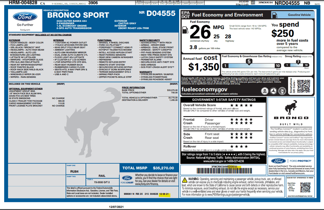 Ford Bronco Sport ⏱ 2022 Bronco Sport Scheduling Upcoming Week (11/15) For 4 Build Weeks in January! 1638918592909