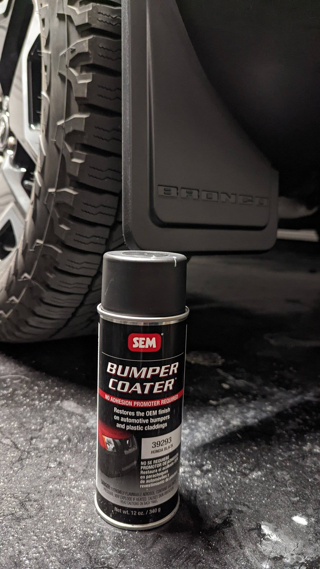 Ford Bronco Sport Black plastic bumper repair / spot touchup with Bumper Coater spray (SEM 39293 Honda black) PXL_20220120_063349839