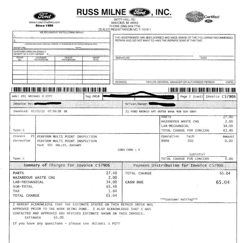 Ford Bronco Sport The Works Oil Change, cost? oil chang