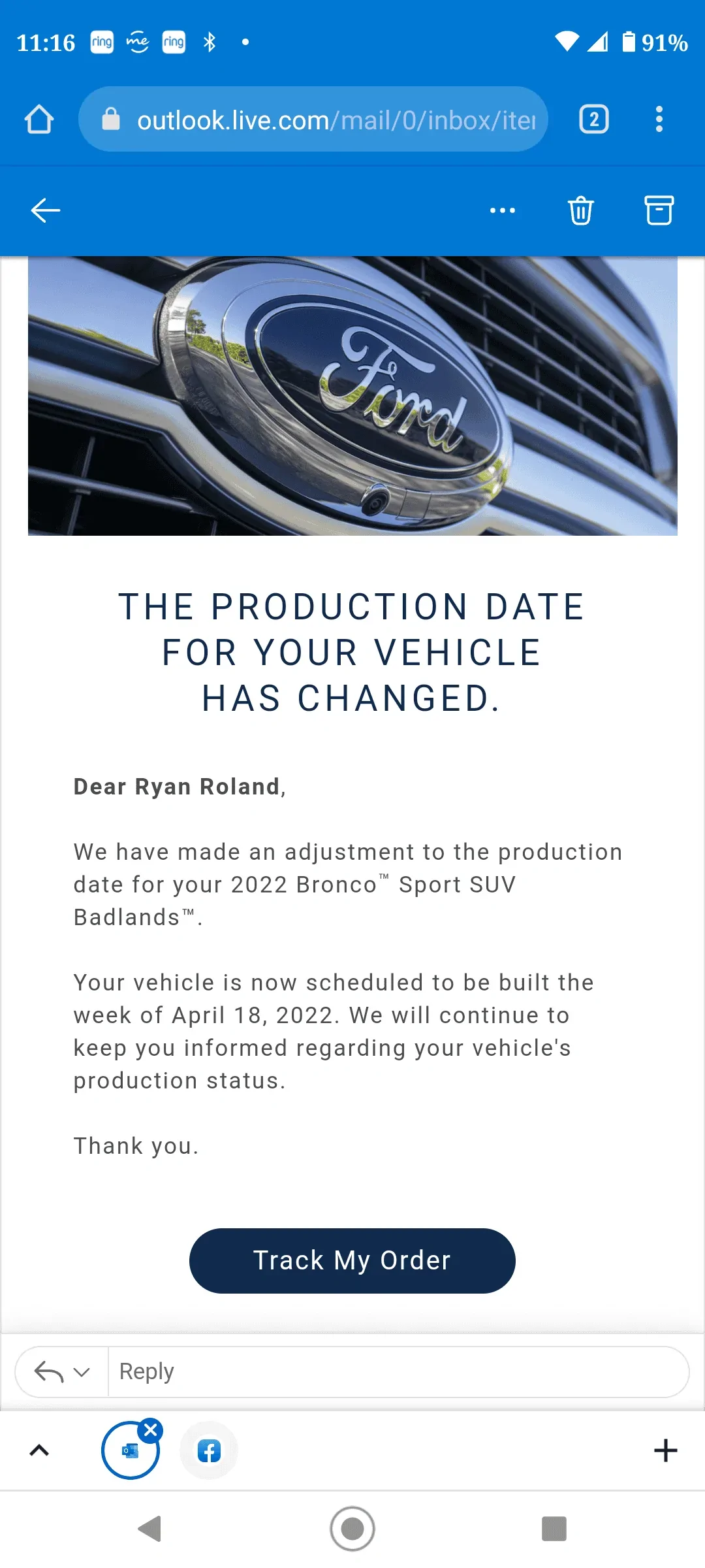 Ford Bronco Sport And another one! Moved up another week. I like where this is going. Screenshot_20220305-111645