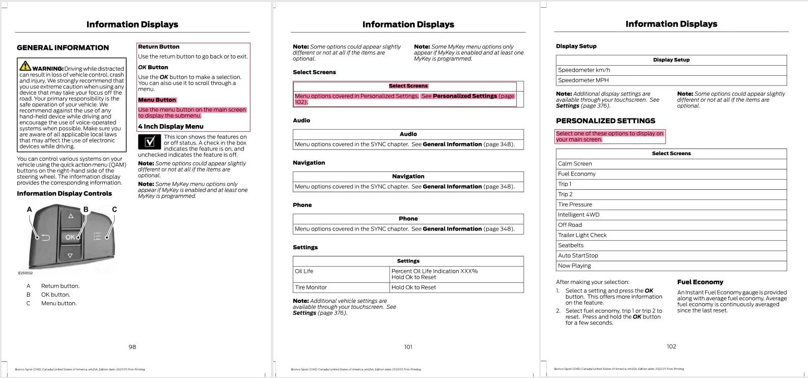 Ford Bronco Sport Customize Information Screen? Captur