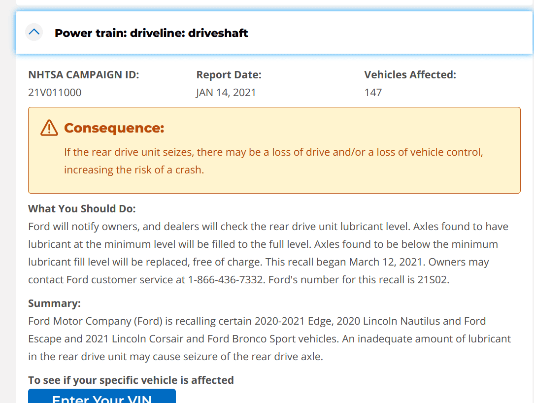 Ford Bronco Sport Driveshaft Recall 1656289620963