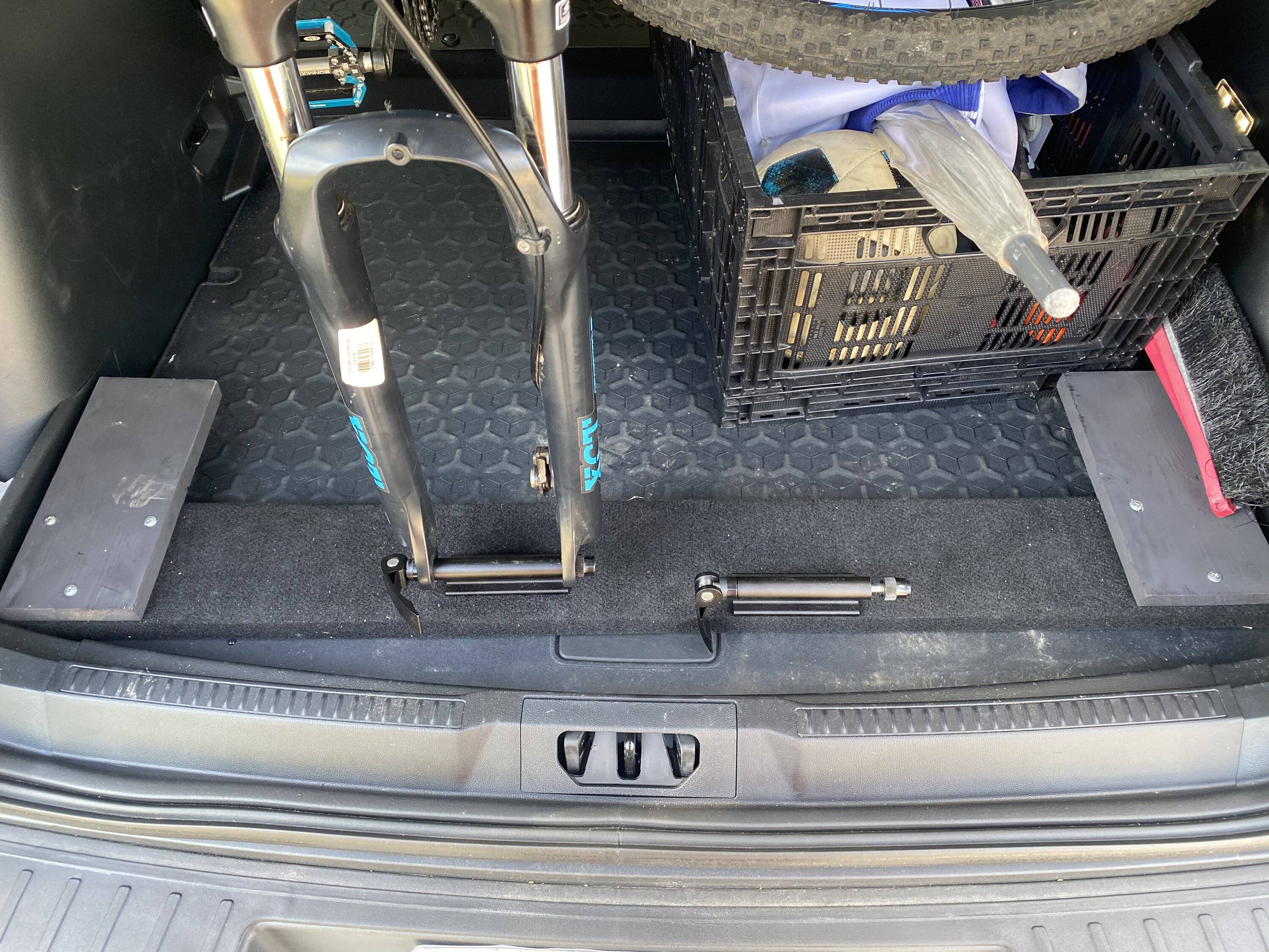 Ford Bronco Sport I made a Bike rack.. stapled and glued some carpet to wood I had. 78EB1F9C-5A2F-4909-A061-747CAD05BA0F