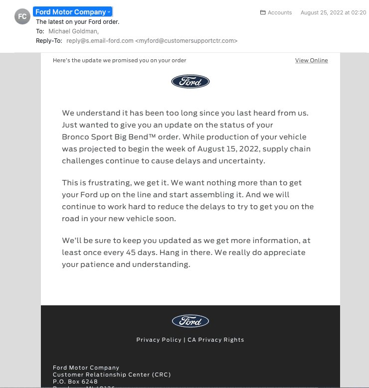 Ford Bronco Sport Waiting room Screen Shot 2022-08-29 at 12.55.52