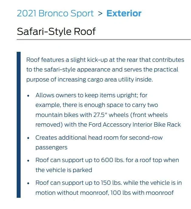 Ford Bronco Sport Roof Weight Limits? Safari Roof limit