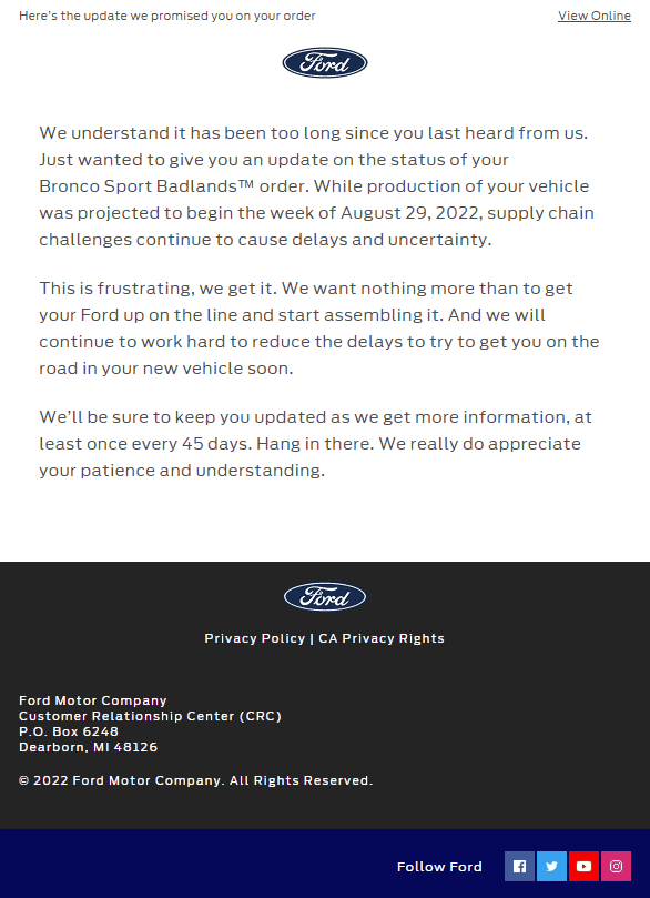 Ford Bronco Sport Stuck "Awaiting Shipment" Waiting Room 1663258044325