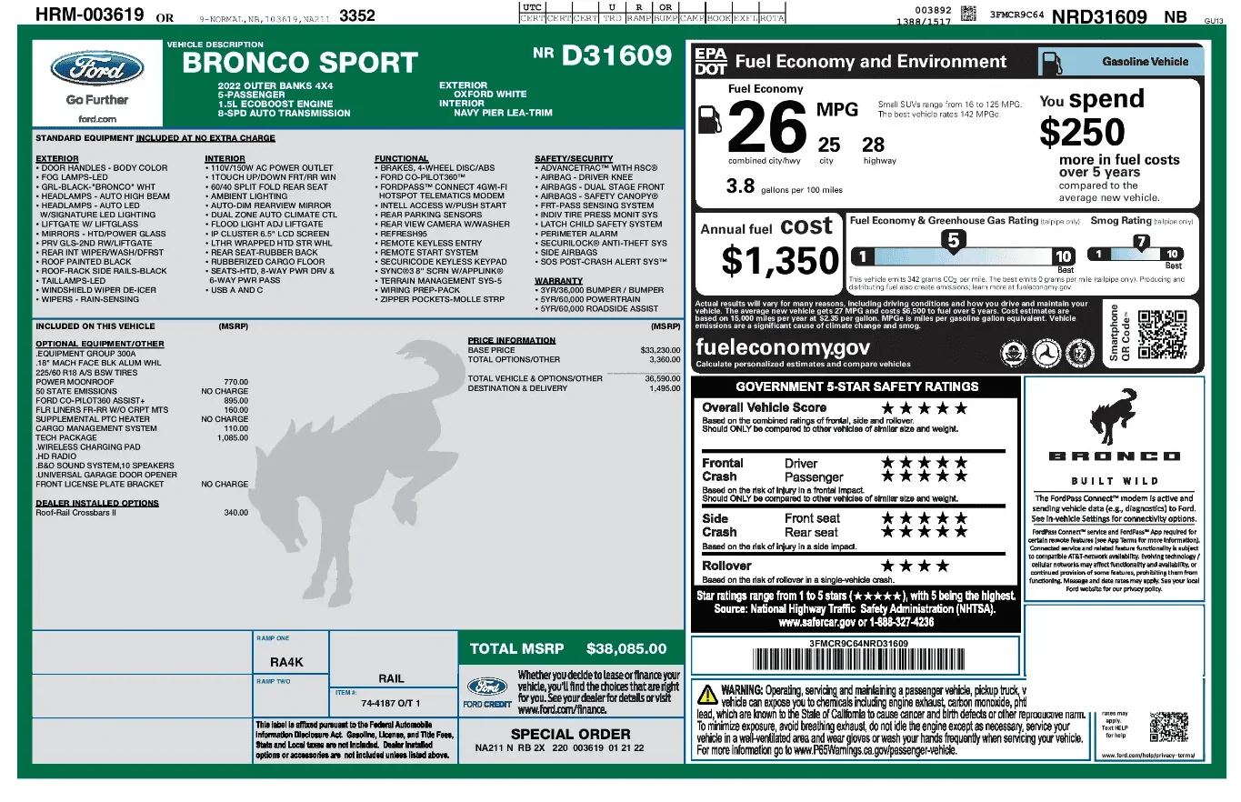 Ford Bronco Sport SOLD:  '22 Outer Banks w/ Tech Package, Co-Pilot360 Assist+, Power Moonroof, & Cargo Management System window sticker