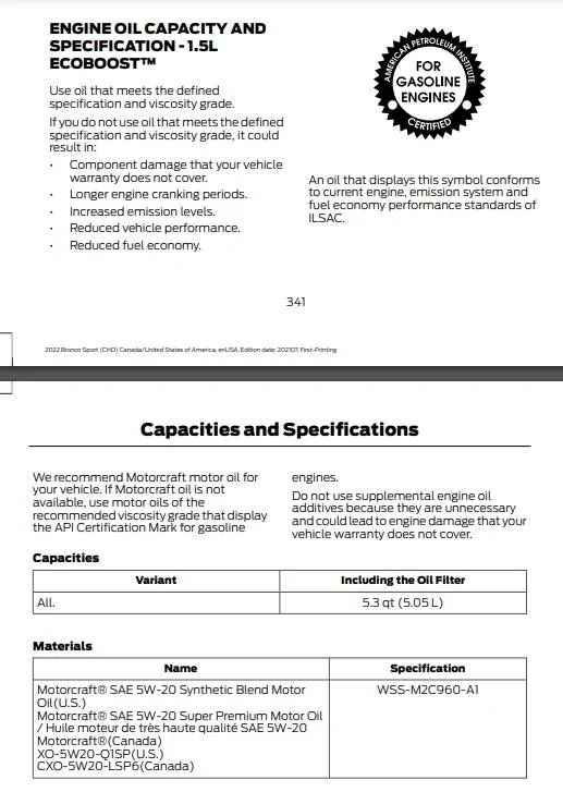 Ford Bronco Sport Help! 2022 Big Bend 1.5L Oil Capacity BS 1.5 Oil
