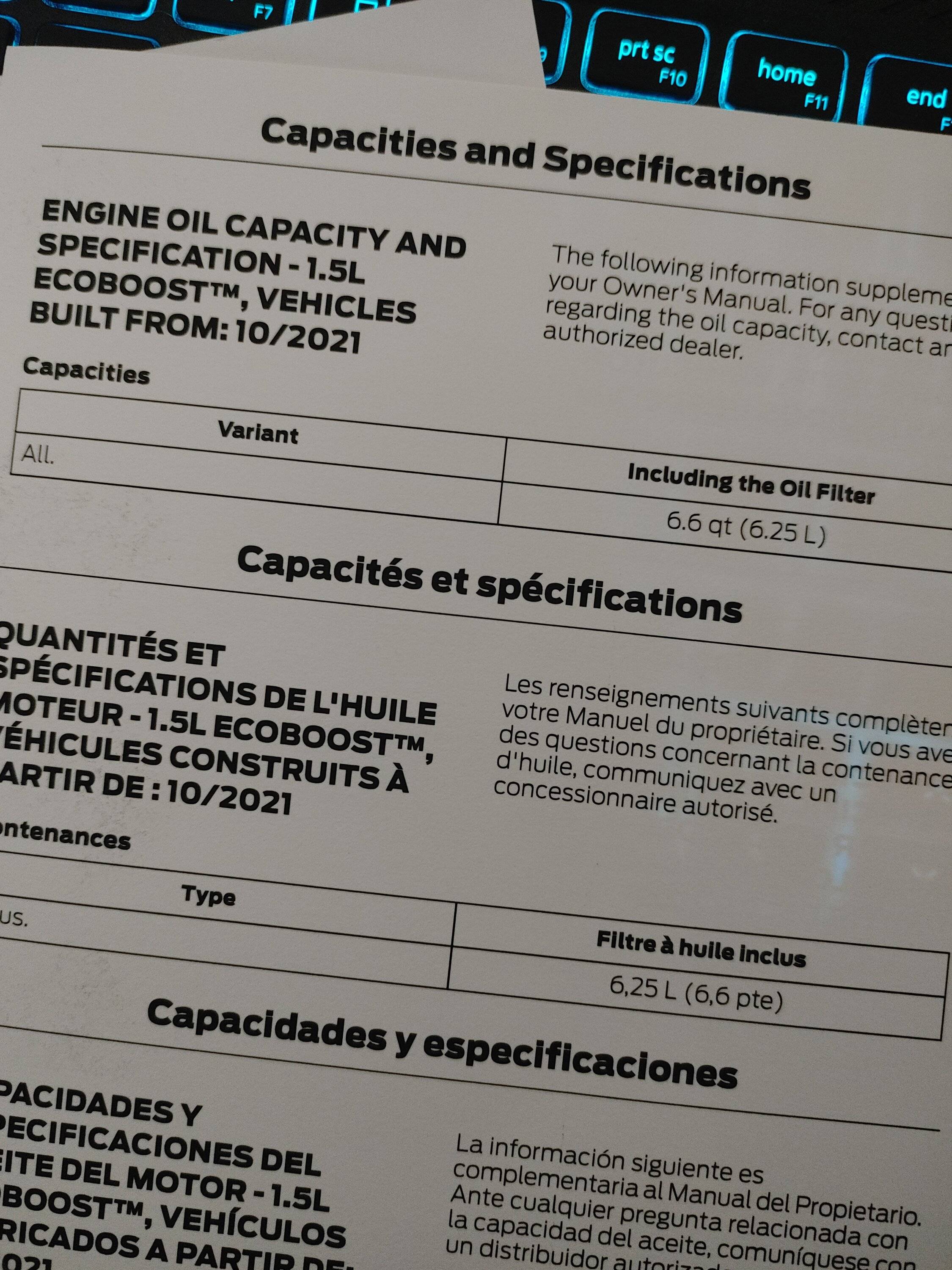Ford Bronco Sport Help! 2022 Big Bend 1.5L Oil Capacity 0318232042
