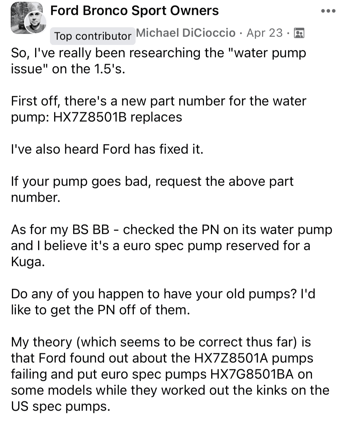 Ford Bronco Sport 1.5L Engine: redesigned water pump with B suffix 1683141181149