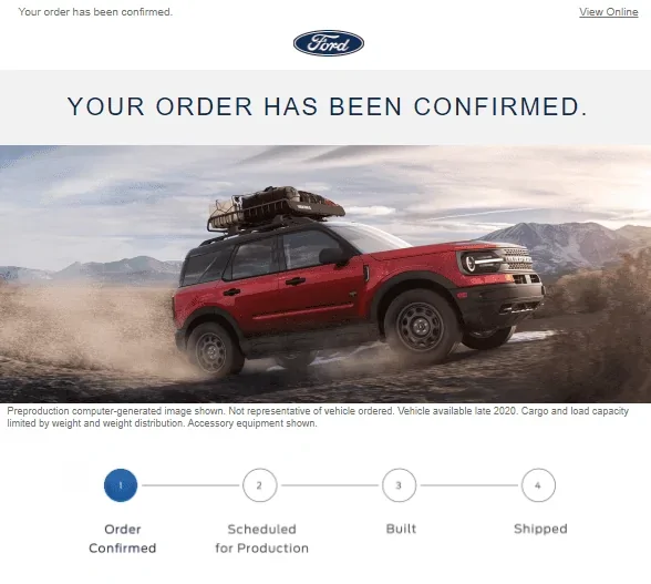 Ford Bronco Sport Order Status on Ford's site confirm