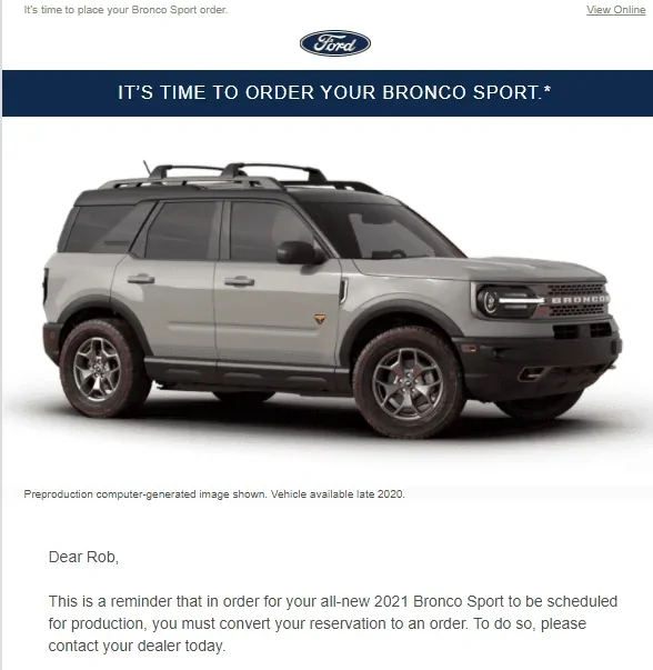 Ford Bronco Sport Order Status on Ford's site timetoorder