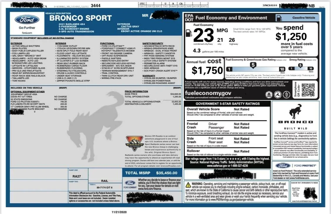 Ford Bronco Sport 2021 Bronco Sport MPG (23 Combined) Revealed in Actual Window Sticker 2021 Bronco Sport Badlands window sticker