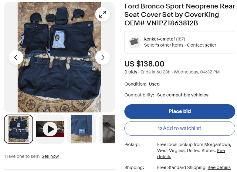 Ford Bronco Sport For Sale: Neoprene Rear Seat Cover Set by CoverKing USED ebay listing