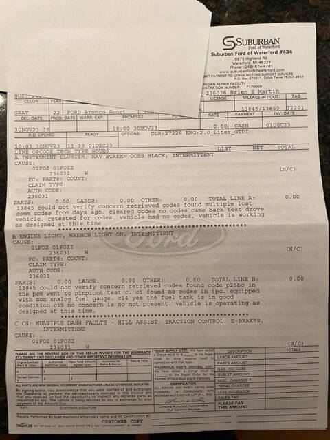 Ford Bronco Sport 2022 BS Badlands - has some issues.  Help dealership doc1