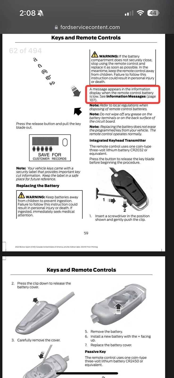 Ford Bronco Sport Low fob battery symptoms IMG_2352