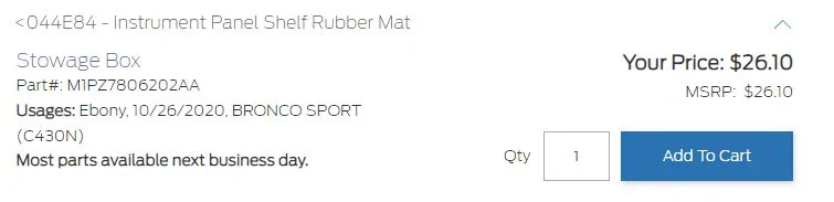 Ford Bronco Sport Part Number for Rubber Liner in Storage Under Entertainment Controls Captur