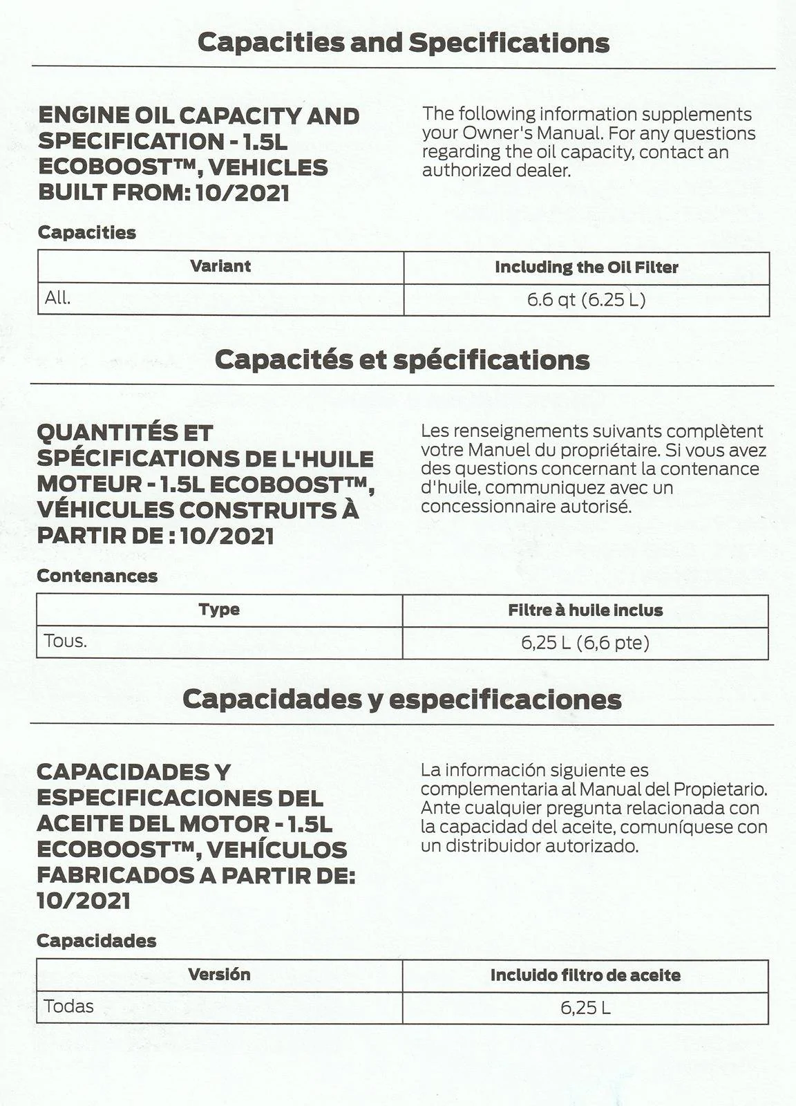 Ford Bronco Sport 2022 1.5L oil change question Cap & Spec Add Front