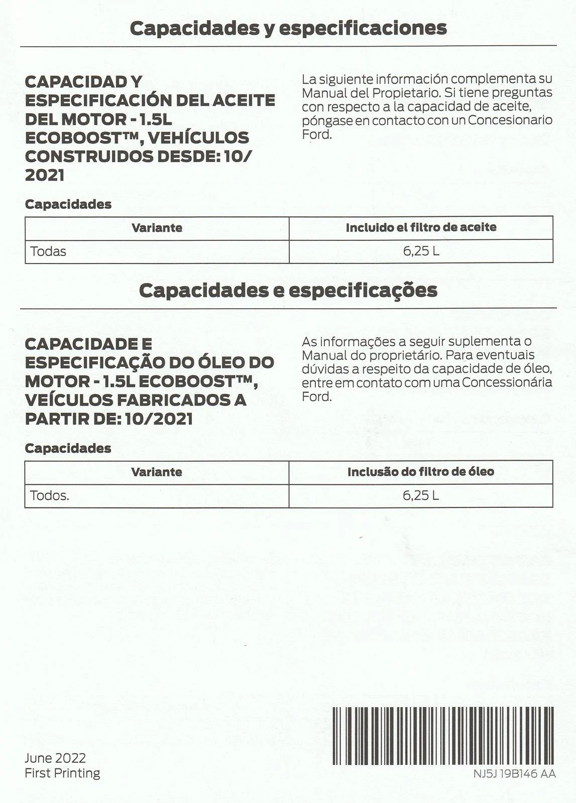 Ford Bronco Sport 2022 1.5L oil change question Cap & Spec Add Back