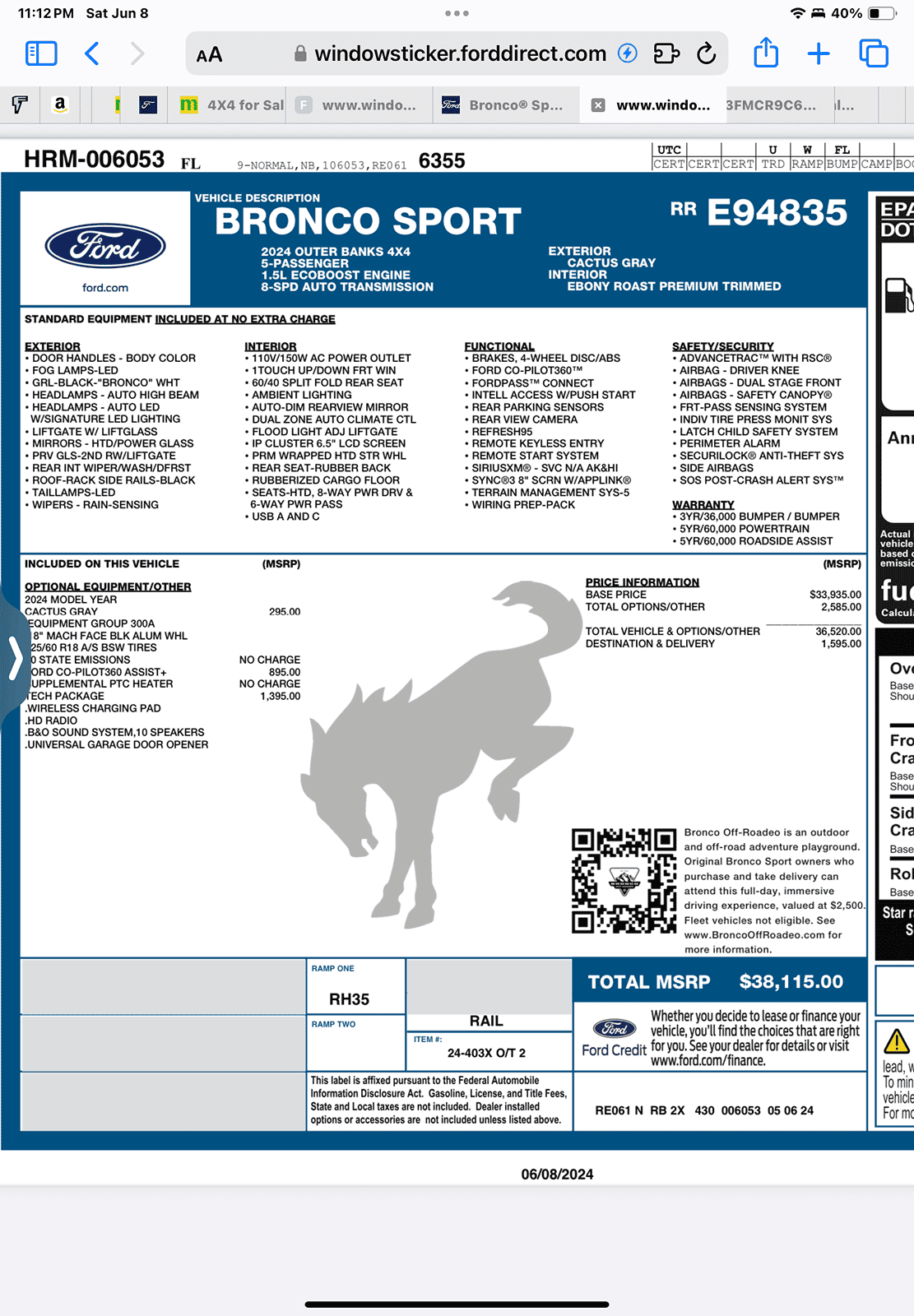 Ford Bronco Sport 2024 Outer Banks purchase details - Intro IMG_1398