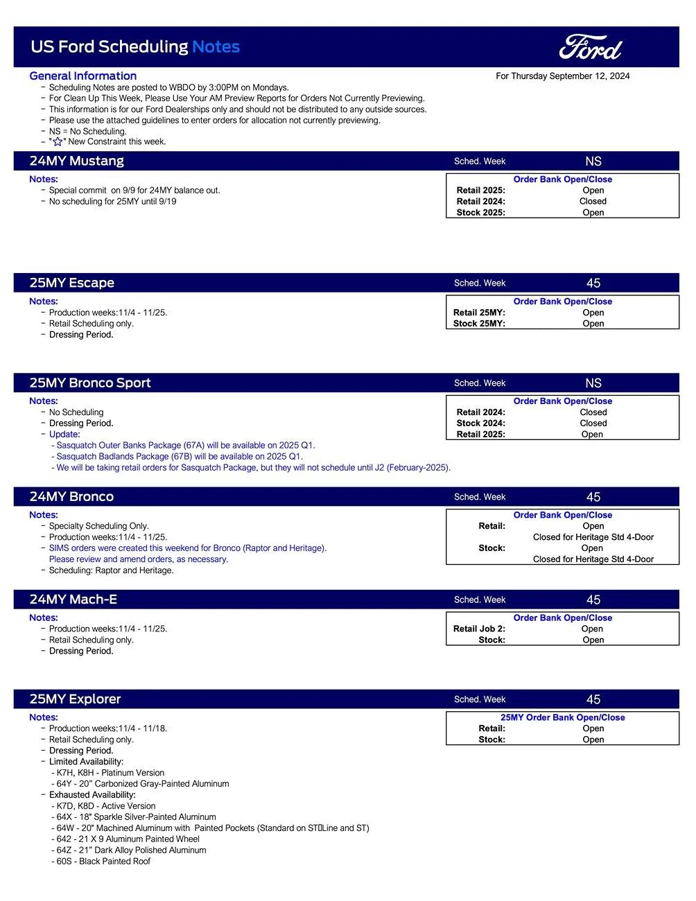 Ford Bronco Sport 2025 Bronco Sport No Scheduling This Week (9/12/24). Sasquatch Packages Available Q1 2025, Retail Scheduling Starts Job2 (February 2025) US Ford Scheduling Notes - 9.9.24-1