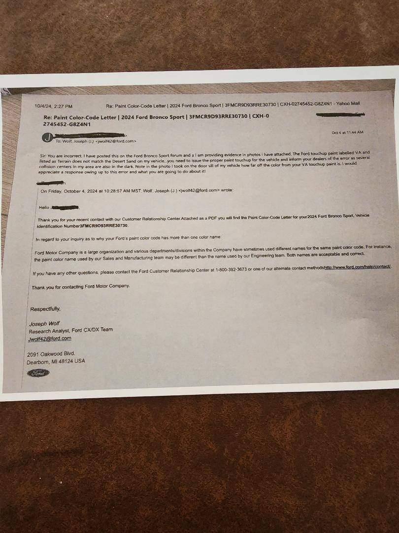 Ford Bronco Sport VA paint on code on 2024 Bronco Sport is Wrong color as Issued on VIN thumbnail (2)