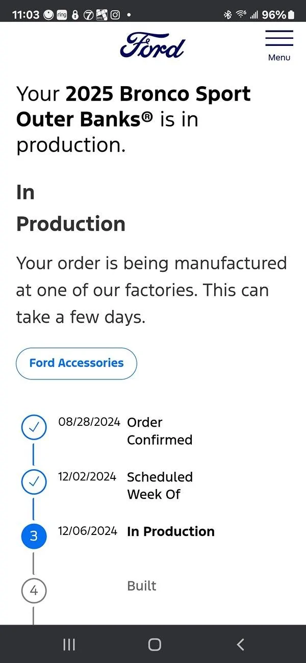 Ford Bronco Sport Build date received!!! For my 2025 Sport Outer Banks!! Screenshot_20241207_110314_Chrom