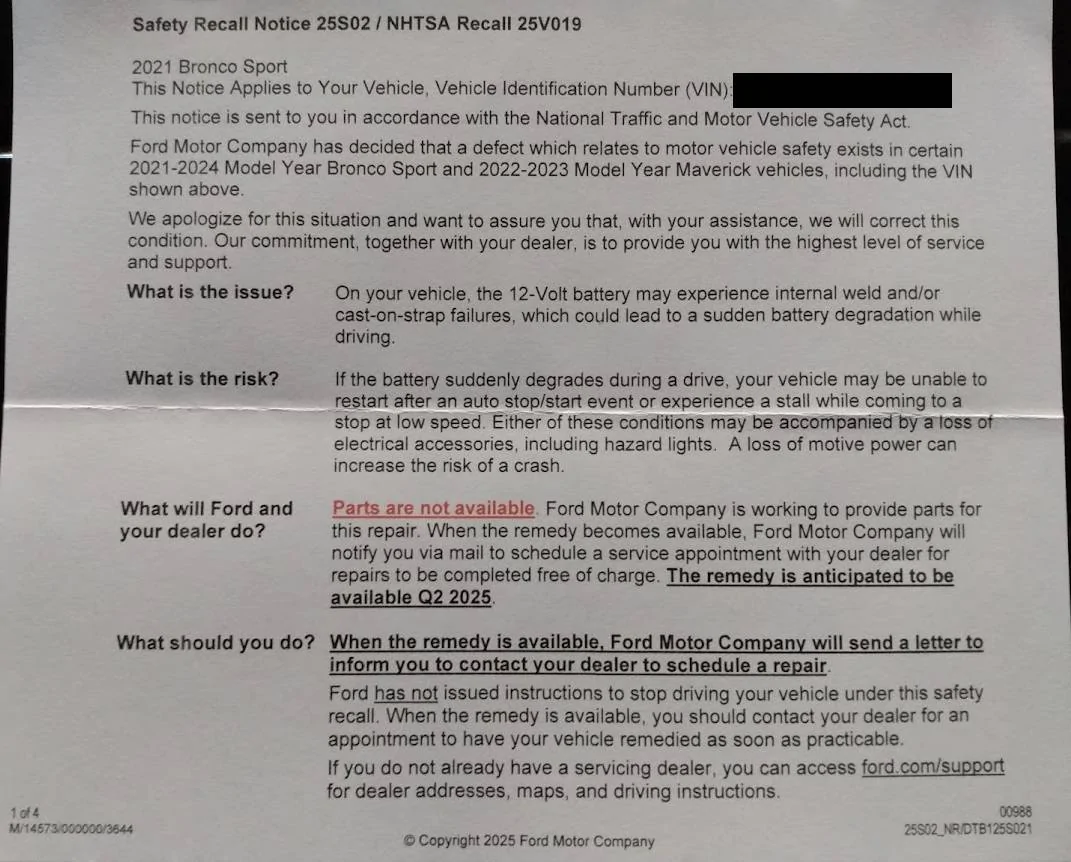 Ford Bronco Sport Ford Battery Recall - #25S02 IMG_20250211_094658529