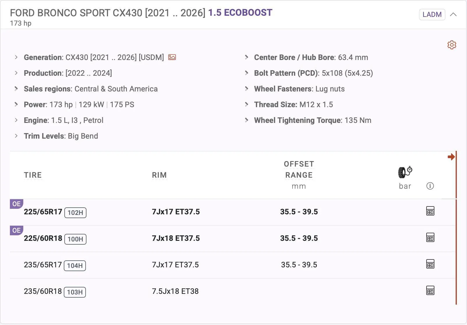 Ford Bronco Sport Factory Wheels Specs For 2021 Bronco Sport (7" Width / +37.5 mm Offset) Screenshot 2025-05-26 at 1.54.28 PM