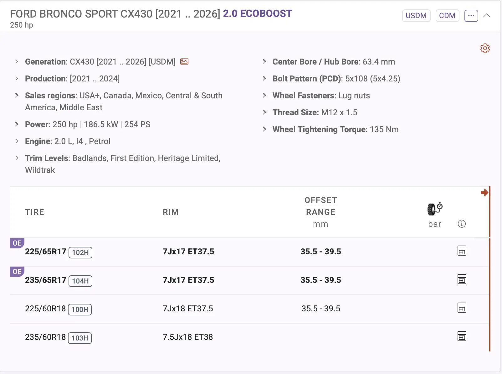 Ford Bronco Sport Factory Wheels Specs For 2021 Bronco Sport (7" Width / +37.5 mm Offset) Screenshot 2025-05-26 at 1.54.45 PM