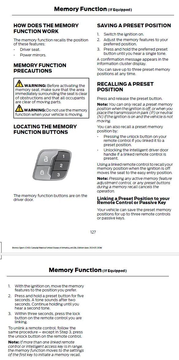 Ford Bronco Sport Memory seat preset and keyfob setup issue 1763575709536-z
