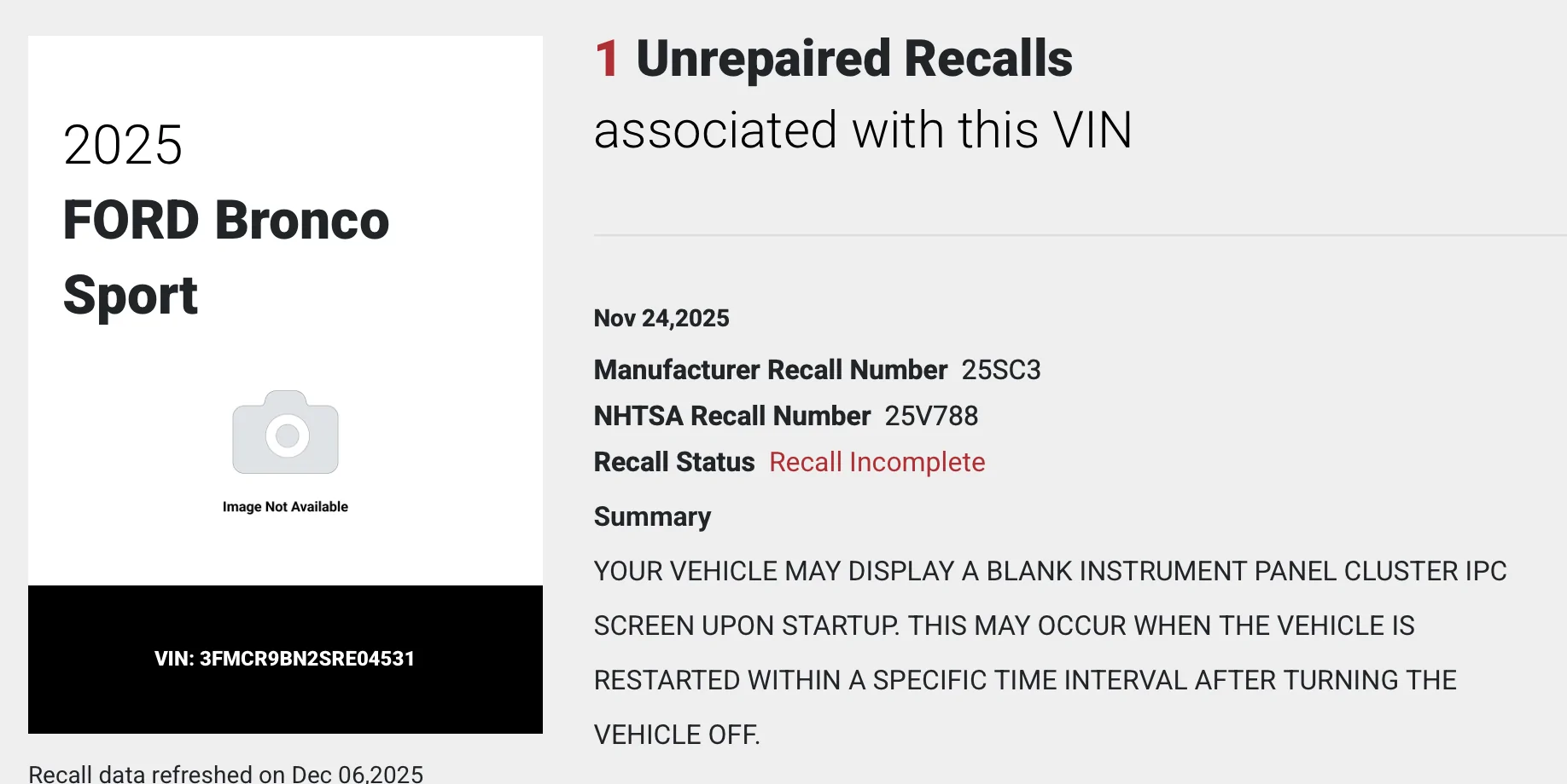 Ford Bronco Sport Recall: Instrument Cluster Panel Display Failure (NHTSA Recall 25V788) -- 2025-2026 Bronco Sport Screenshot 2025-12-06 at 8.24.10 AM