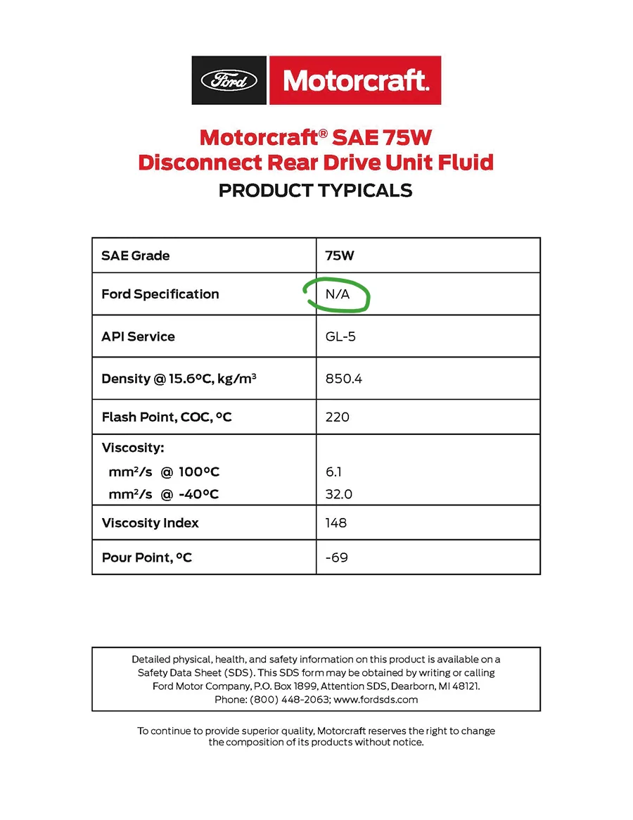 Ford Bronco Sport Differential Oil (VERY CONFUSED!!!) Product Data Sheet SAE 75W Disconnect Rear Drive Unit Fluid_2