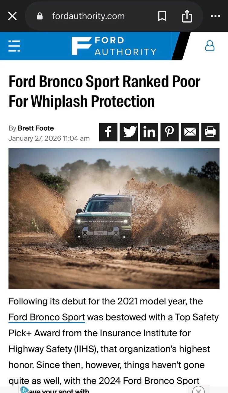 Ford Bronco Sport Ranked Poor For Whiplash Protection