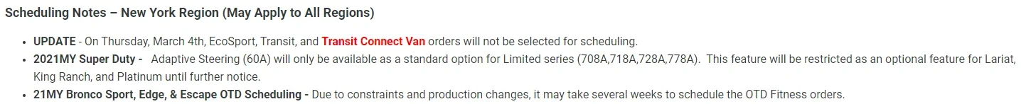Ford Bronco Sport Production Week Scheduling Scheduling Note 3-4-21