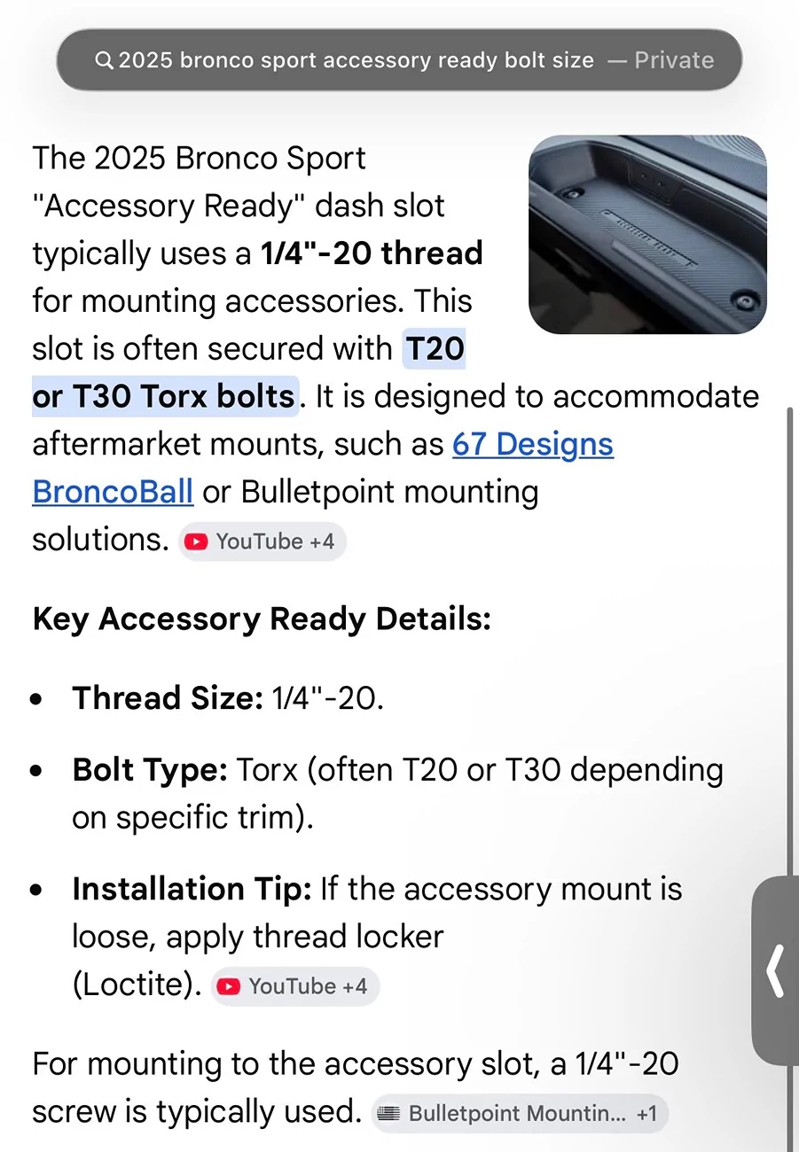 Ford Bronco Sport 2025 Dash Accessory Bolt Size IMG_6821