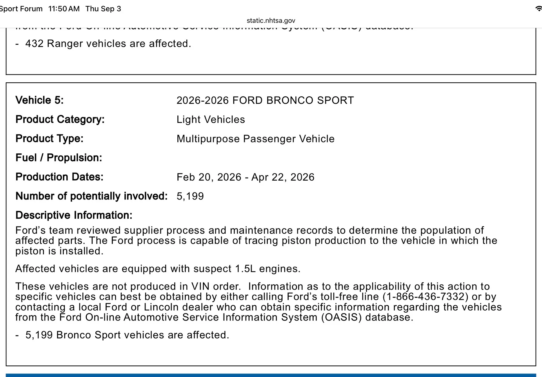 Ford Bronco Sport New Recall for 2026 Bronco Sports - NHTSA Campaign Number: 26V548 IMG_1488