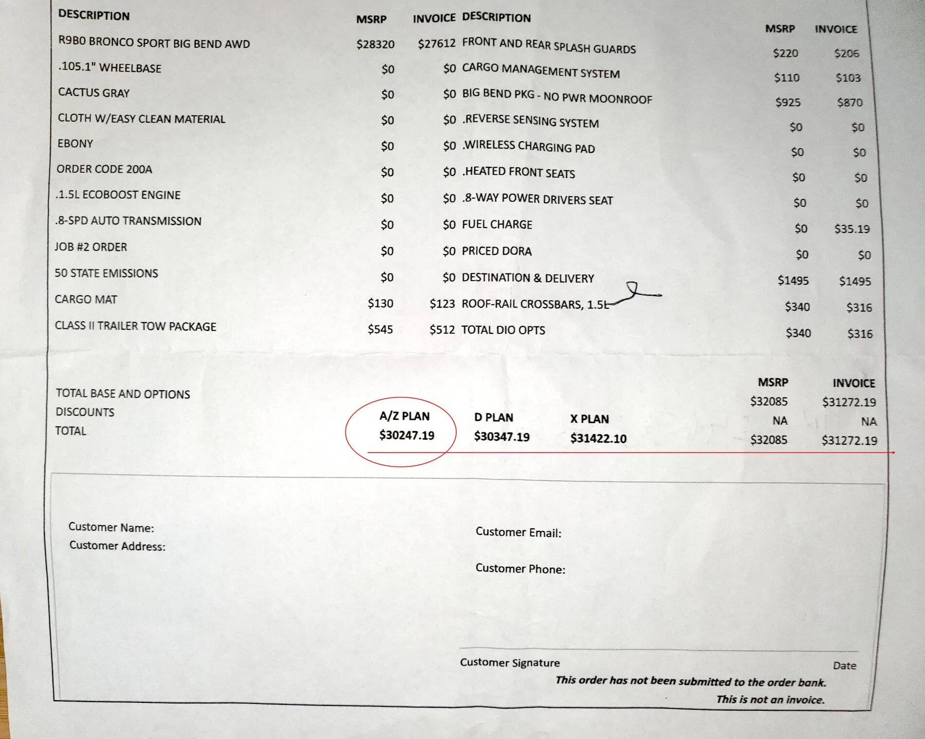 Ford Bronco Sport Dealer markup and Z-plan Invoic