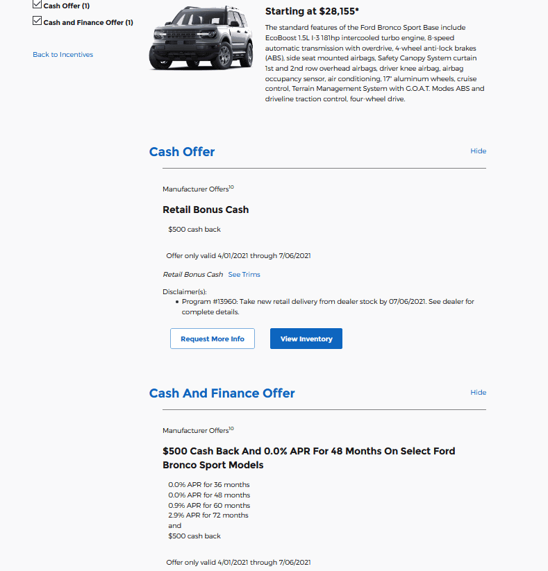 Ford Bronco Sport Current Retail Incentives 1620409744092